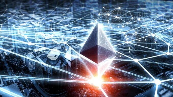 Ethereum Prints 5 Red Monthly Candles: What Happened The Last Picture of an Ethereum logo above a city, sitting on top a web of interconnected lines