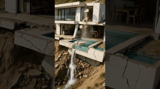 The villa lies shattered — cracked walls, fallen beams, dust floating through the air.