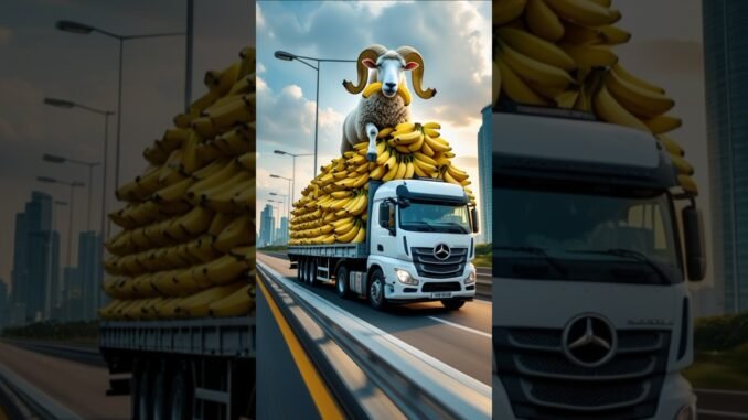 This sheep eats a lot of bananas, riding on a truck 🚛#aivideo #shorts #cow #news #new #ai #sheep