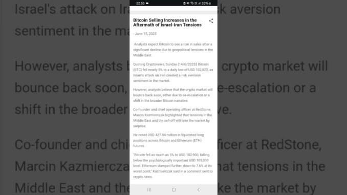 Bitcoin Selling Increases in the Aftermath of Israel-Iran Tensions #bitcoin #crypto #news