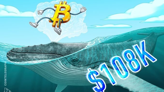 Bitcoin retakes $108K as millionaire whale goes 20x long on BTC price