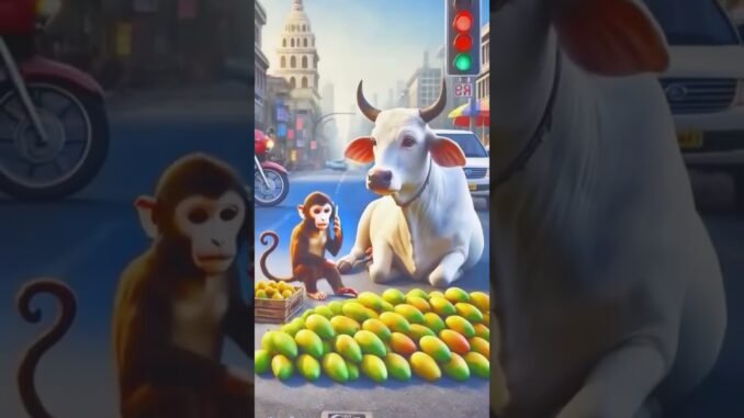 cow is selling mango and tess the monkey cow so said #ai #cow#aicartoon #monkey #mango #road.