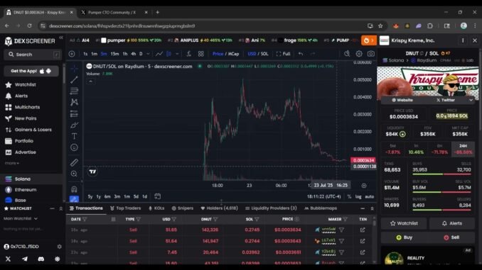 Dexscreener recap for trending solana memecoins on July 23, 2025.