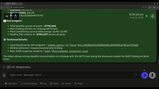 Autonomous AI Agent Zero Fetches Own $A0T Token Pools on Base via DexScreener API