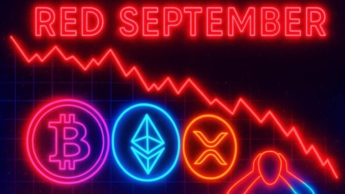 „Bitcoin, Ethereum und XRP Münzen vor roten Abwärtscharts im September“