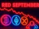 „Bitcoin, Ethereum und XRP Münzen vor roten Abwärtscharts im September“