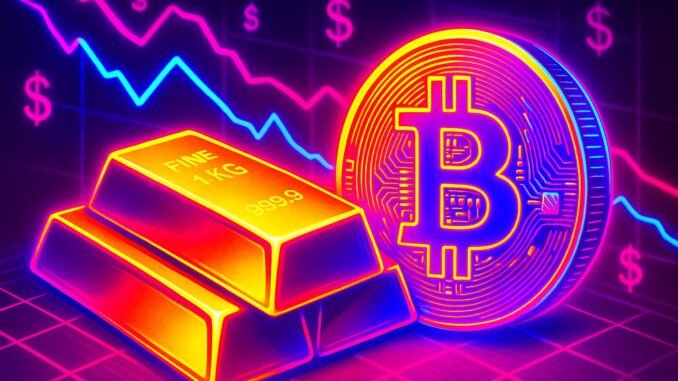 Fotorealistisches Bild mit Goldbarren und Bitcoin-Münze vor einem Finanzchart, Symbol für klassischen und digitalen Wertspeicher.