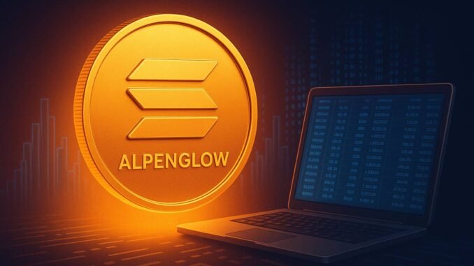 Solana News: Was das neue Update "Alpenglow" für SOL bedeutet Fotorealistisches Bild eines leuchtenden Solana-Tokens über digitaler Skyline, Symbol für Geschwindigkeit und Innovation.