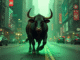 A Strong Bull Roaming in the City in a Green Atmosphere