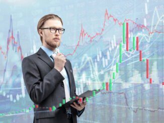 businessman trader analyst in glasses spectacles with notebook and thinking, on diagram background. Trading on stock exchange concept