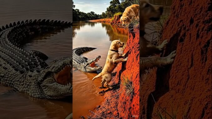 Golden Retriever Guides Fisherman to Rescue Puppy from Crocodile #dog#goldenretriever #rescue #river