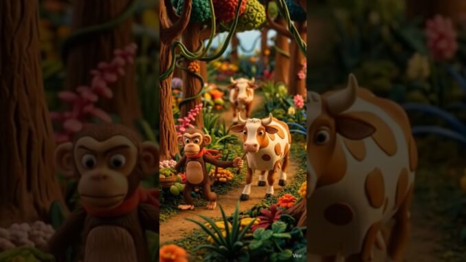 Hardworking monkey guides cow through forest, finding food safely daily.b #animals #shorts #cow #ai