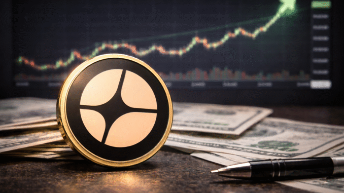 Aster cryptocurrency token placed on dollar banknotes and a desk with a trading chart rising in the background.