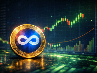 A single Axie Infinity (AXS) token coin placed in front of a blurred cryptocurrency candlestick trading chart background.