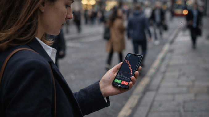 Bitcoin Cash extends losses, dumps 10% amid BTC sell-off A woman looks at a smartphone showing a sharply declining price chart while standing on a city street.