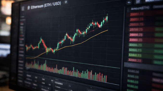 A computer monitor displaying an Ethereum (ETH/USD) candlestick price chart with rising trend lines and trading volume bars on a cryptocurrency trading interface.