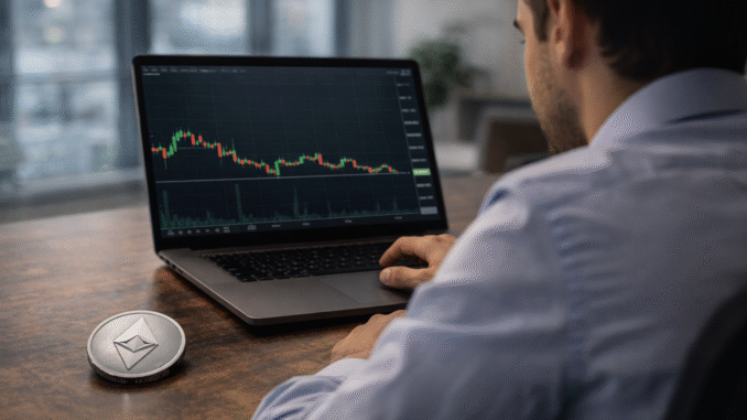 A man looks at a laptop displaying a cryptocurrency price chart, with an Ethereum coin placed on the desk beside him.