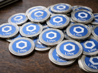 Physical Chainlink (LINK) tokens arranged in a pile on a wooden surface.