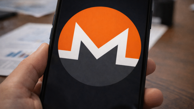 Monero faces short-term selling pressure despite strong on-chain activity A smartphone held in hand displays the Monero cryptocurrency logo on its screen, with financial documents blurred in the background.