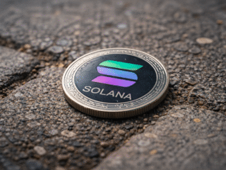 A Solana cryptocurrency coin lies on a rough pavement surface.