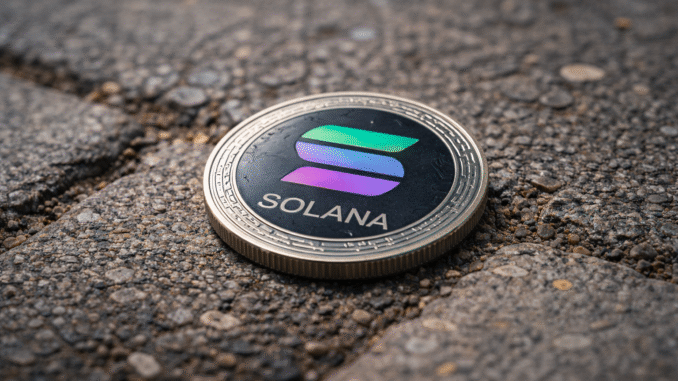 SOL price outlook as three Solana platform announce shut down A Solana cryptocurrency coin lies on a rough pavement surface.
