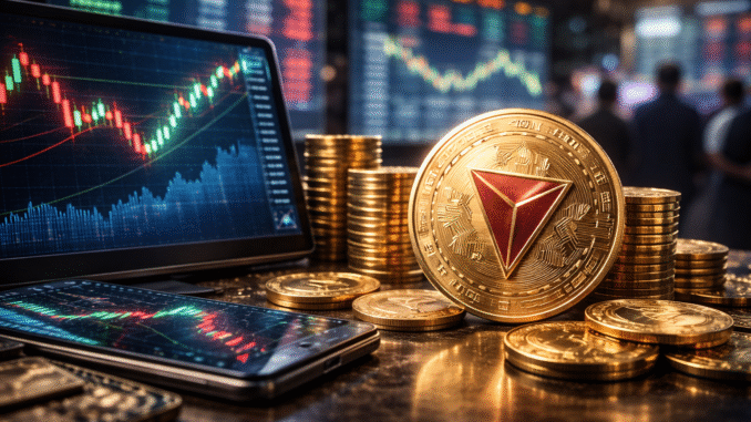 TRX cryptocurrency coin displayed on a trading desk with stacked coins and digital market charts in the background.