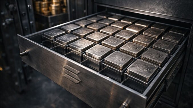 Vault drawer filled with uniform metal asset blocks bearing the Solana emblem, symbolizing tokenized stocks being listed on-chain for Wall Street