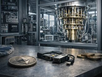 Ethereum hardware wallet and coins in a lab setting, symbolizing the migration battle over wallets, bridges and dormant assets amid quantum risks