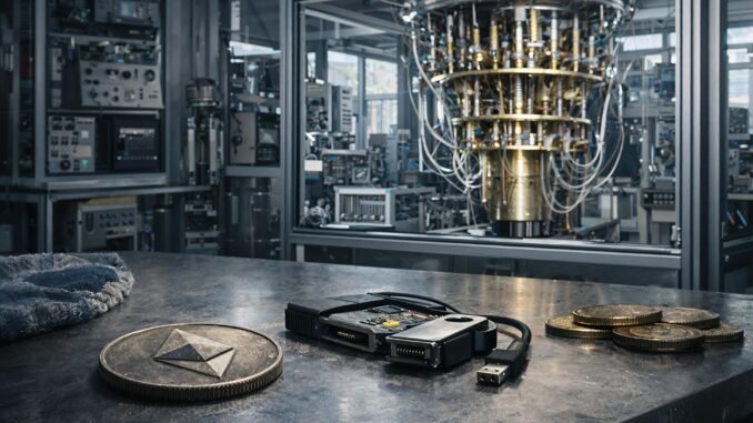 As quantum 'Q-Day' jumps to 2029, Ethereum faces a new Ethereum hardware wallet and coins in a lab setting, symbolizing the migration battle over wallets, bridges and dormant assets amid quantum risks