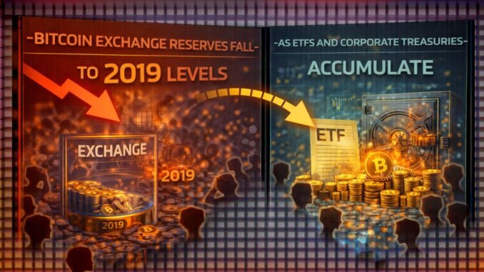 Bitcoin Exchange Reserves Fall To 2019 Levels As ETFs And Corporate Treasuries Accumulate