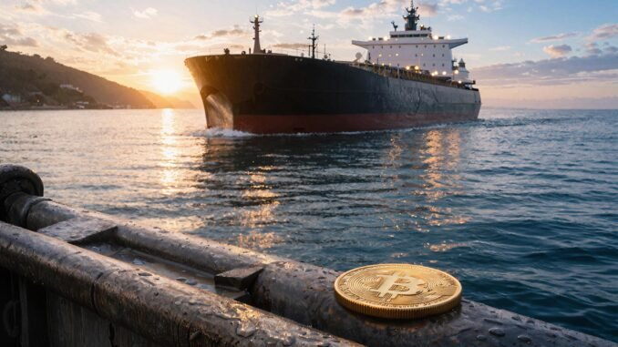 Bitcoin climbs as US-Iran 'peace talks' eases oil price pressures Bitcoin coin on a dock as an oil tanker passes at sunrise, reflecting easing supply shock and a potential price breakout toward lower oil levels