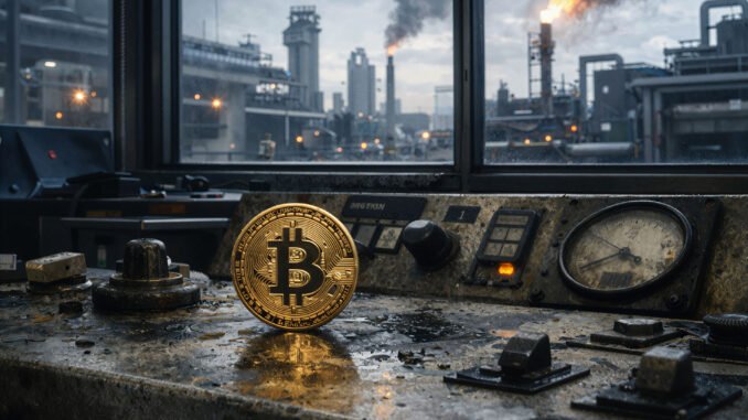 Bitcoin on an industrial control panel with oil refinery fires in the background as markets test a bullish move toward $75,000 after the Iran pause