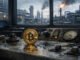 Bitcoin on an industrial control panel with oil refinery fires in the background as markets test a bullish move toward $75,000 after the Iran pause