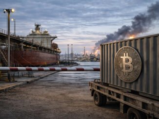 Bitcoin container halted at a port checkpoint as smoke rises in the distance, reflecting how escalating Iran war fears are weighing on the crypto market