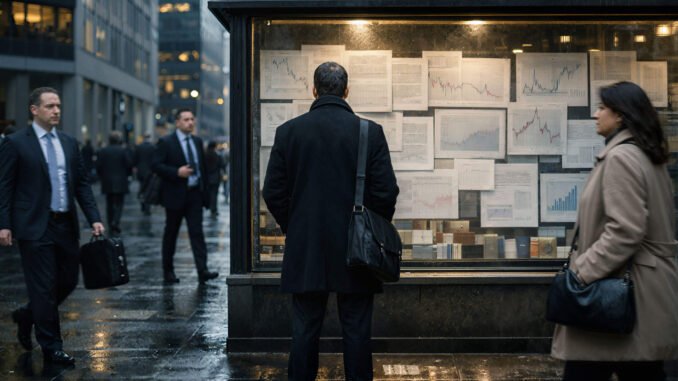 Investor studies market charts on a city street as rising US PMI data fuels stagflation fears and creates new pressure on Bitcoin