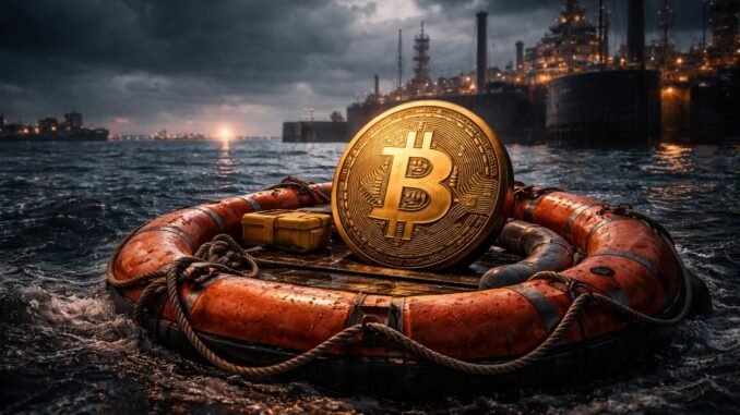 Bitcoin investors play it safe with $50K hedge in turbulent Bitcoin on a lifebuoy in choppy waters near an oil terminal, symbolizing market uncertainty as traders brace for a potential drop toward $50k despite outperforming gold and stocks