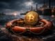 Bitcoin on a lifebuoy in choppy waters near an oil terminal, symbolizing market uncertainty as traders brace for a potential drop toward $50k despite outperforming gold and stocks