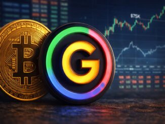 Close-up of a gold Bitcoin coin beside a glossy black G Coin featuring a glowing multicolor “G” emblem, set in front of a blurred trading screen with rising market charts and a visible $75K marker.