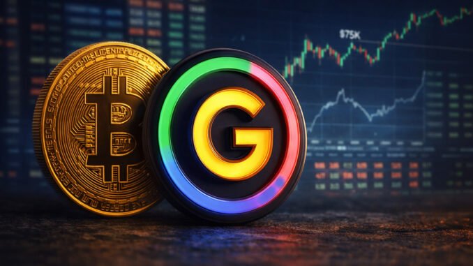 Close-up of a gold Bitcoin coin beside a glossy black G Coin featuring a glowing multicolor “G” emblem, set in front of a blurred trading screen with rising market charts and a visible $75K marker.