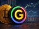 Close-up of a gold Bitcoin coin beside a glossy black G Coin featuring a glowing multicolor “G” emblem, set in front of a blurred trading screen with rising market charts and a visible $75K marker.