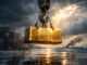 Bitcoin gold bar suspended by an industrial crane above a stormy shipping port, symbolizing Bitcoin’s price surge amid geopolitical tension from the Iran war and uncertainty tied to Trump tariff policies.