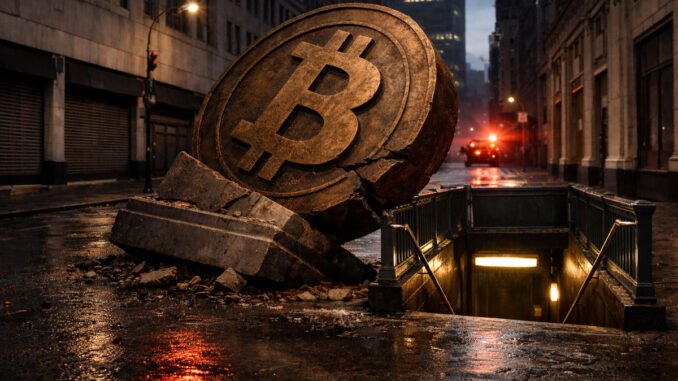 Cracked Bitcoin monument collapsing into a city street near a subway entrance under red emergency lights, illustrating fears of a sharp weekend price drop toward $61,000