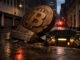 Cracked Bitcoin monument collapsing into a city street near a subway entrance under red emergency lights, illustrating fears of a sharp weekend price drop toward $61,000