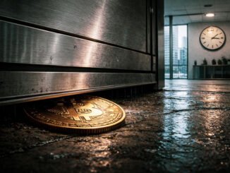 Bitcoin coin pinned beneath a closing metal door in a wet office corridor as a wall clock emphasizes the final minutes before a major options expiry