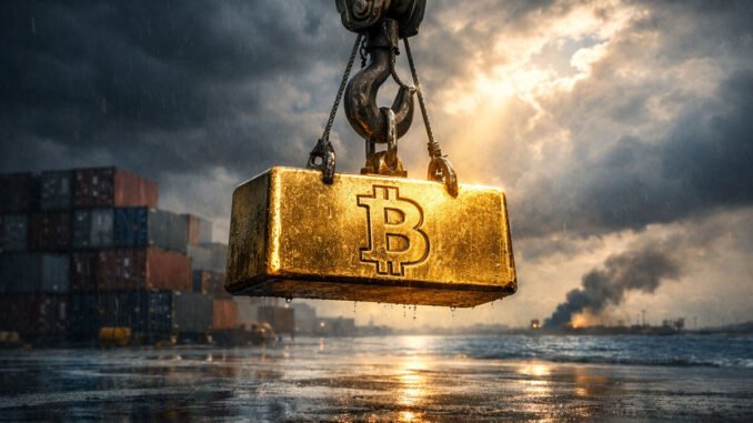Bitcoin reclaims $68,000 as Iran signals ending US war Bitcoin gold bar suspended by an industrial crane above a stormy shipping port, symbolizing Bitcoin’s price surge amid geopolitical tension from the Iran war and uncertainty tied to Trump tariff policies.