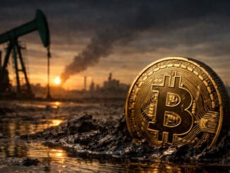 Bitcoin rising from an oil-soaked landscape with pumpjack in the background, symbolizing BTC reclaiming $70,000 after an oil price plunge eased inflation fears ahead of CPI data