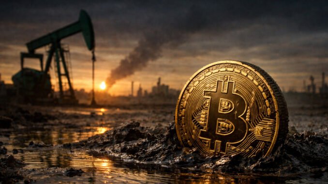 Bitcoin rising from an oil-soaked landscape with pumpjack in the background, symbolizing BTC reclaiming $70,000 after an oil price plunge eased inflation fears ahead of CPI data