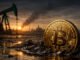 Bitcoin rising from an oil-soaked landscape with pumpjack in the background, symbolizing BTC reclaiming $70,000 after an oil price plunge eased inflation fears ahead of CPI data