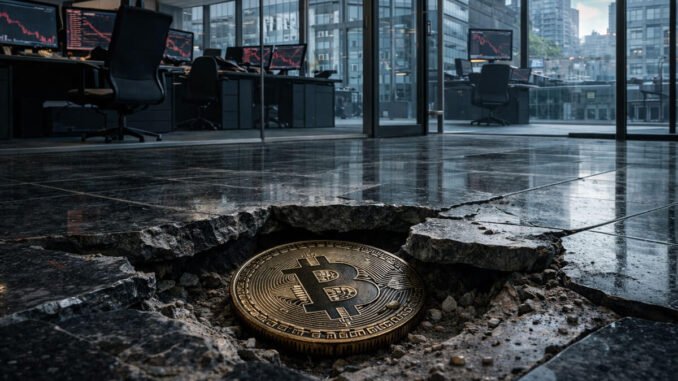 Bitcoin coin sunk into a cracked trading office floor as red market charts flash in the background after the price fell below $70,000