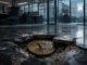 Bitcoin coin sunk into a cracked trading office floor as red market charts flash in the background after the price fell below $70,000